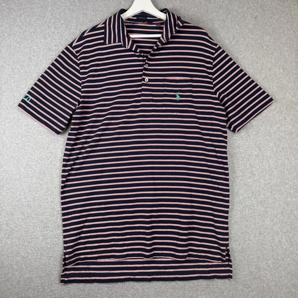 Polo Ralph Lauren Golf Navy Coral Striped Short Sleeve Polo Stretch Lisle M